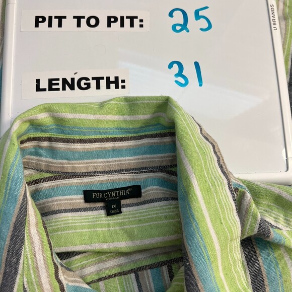 For Cynthia Woman Blue Green Cream Stripe Button Down Shirt Jacket Shacket 1X - Picture 3 of 7